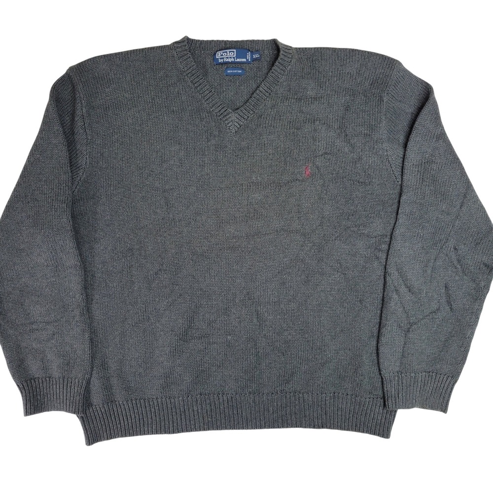 Vintage Polo Ralph Lauren Men's XXL Gray 100% Cotton V-Neck‎ Sweater Pony Logo